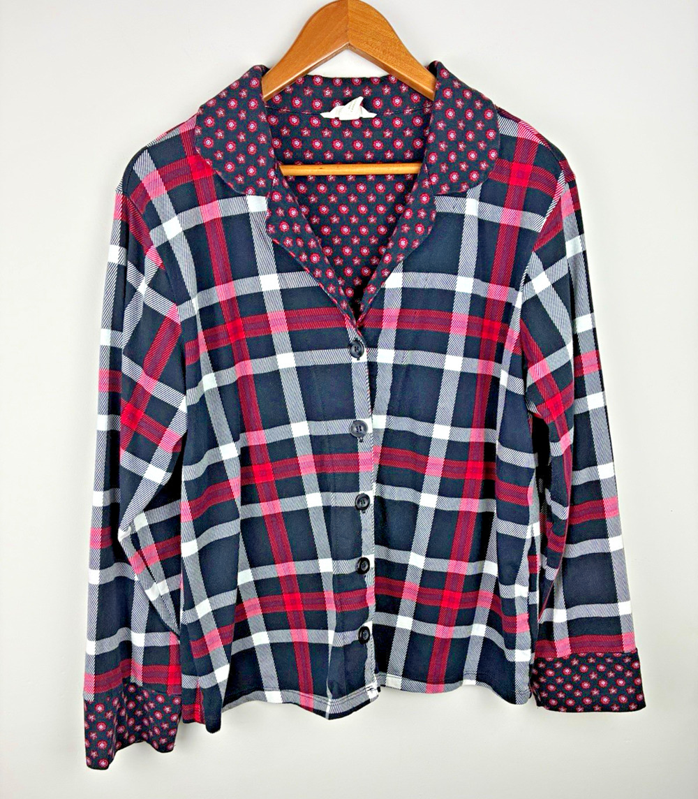 Vera Bradley L Plaid Button Down Shirt Pink Black Floral Trim Preppy Cozy Fall